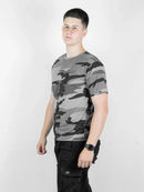 Camiseta Camuflada Cinza urbano Academia Caça E Pesca Fardamento Farda Camisa Manga Curta Preta Logo