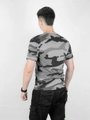 Camiseta Camuflada Cinza urbano Academia Caça E Pesca Fardamento Farda Camisa Manga Curta Preta Logo