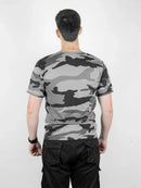 Camiseta Camuflada Cinza urbano Academia Caça E Pesca Fardamento Farda Camisa Manga Curta Preta Logo