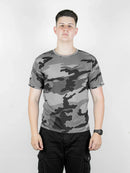 Camiseta Camuflada Cinza urbano Academia Caça E Pesca Fardamento Farda Camisa Manga Curta Preta Logo