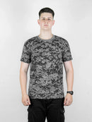 Camiseta Camuflada Digital cinza Academia Caça E Pesca Fardamento Farda Camisa Manga Curta Preta Logo